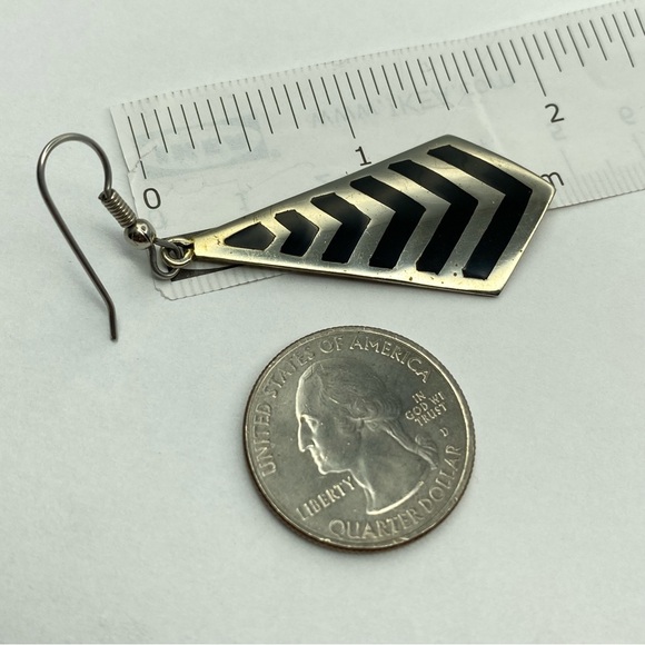 Vintage Alpaca Mexico Silver Drop Earrings Black Inlay Chevron Diamond - Picture 5 of 9